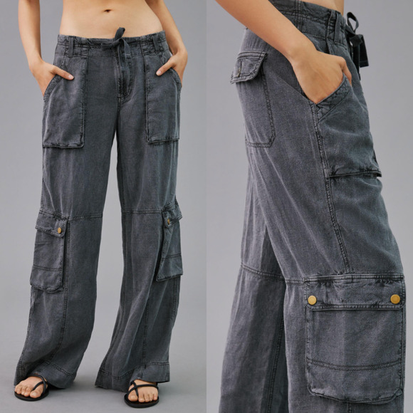 By Anthropologie | Washed Black Linen Blend Wide Leg Beach Cargo Pants 14 - Picture 1 of 15